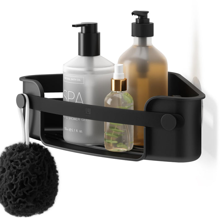 Umbra Flex Duschablage zum Kleben, ohne Bohren, Schwarz | Wasserfester Klebestreifen, integrierter A