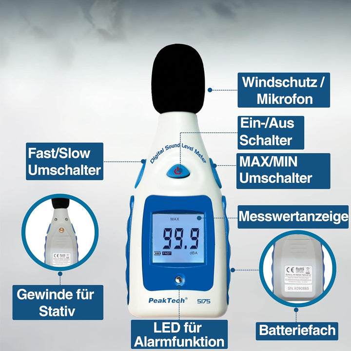 PeakTech Digital Schallpegelmessgerät 30-130 Db in A-Bewertung, 1/2 Zoll Mikrofon, Klasse 2, Lärmmes