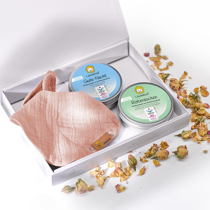 Löwenkind Geschenkset mit Dreieckshalstuch Mini (Altrosa) und Kräuterpads Gute-Nacht und Rotznäschen