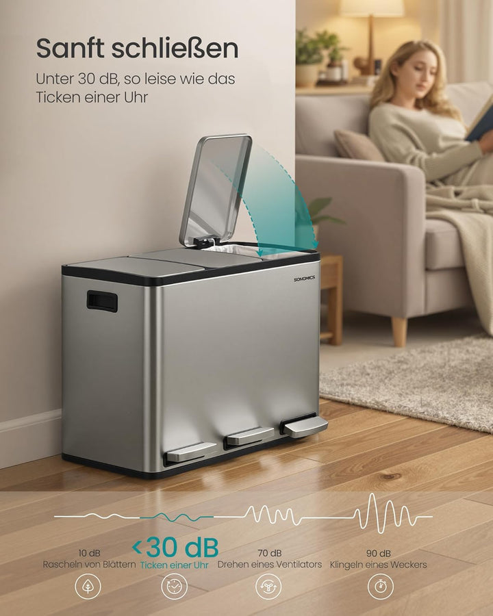 SONGMICS Mülleimer Küche, 3 x 15 L, Mülltrennsystem 3 Fächer, Abfalleimer mit 15 Müllbeuteln, Tretmü