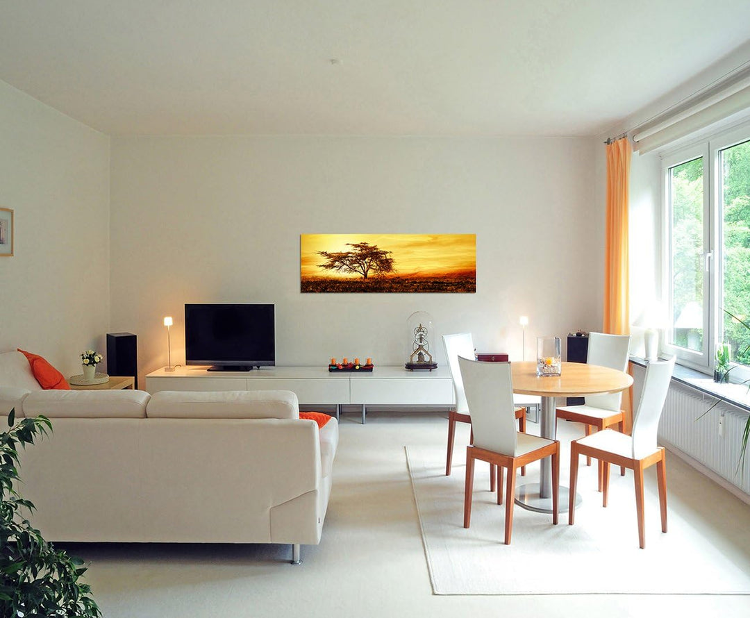 Panoramabild auf Leinwand und Keilrahmen 150x50cm Afrika Baum Silhouette Sonnenuntergang