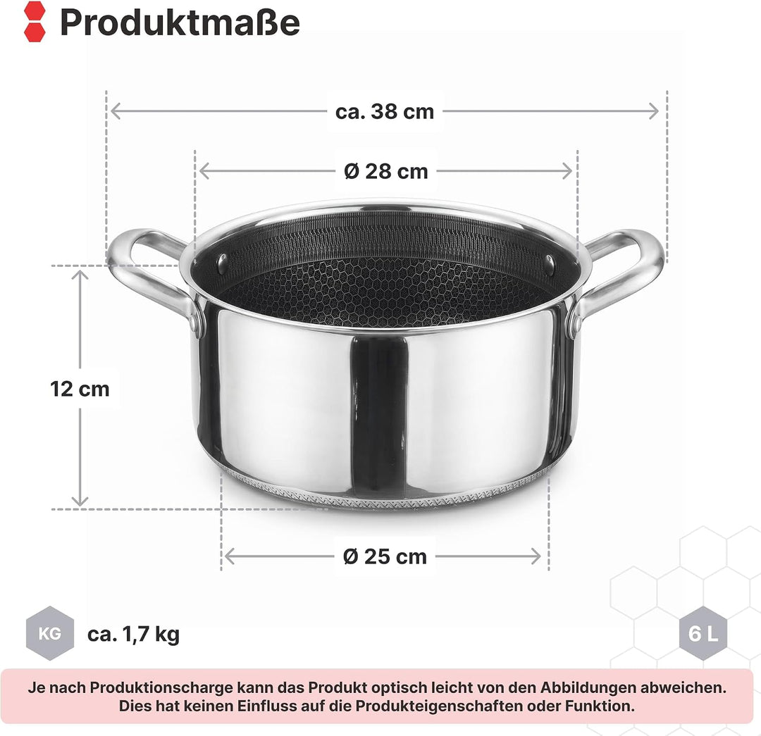 Kochtopf Ø28 cm aus Edelstahl mit Glasdeckel 6 L Induktion Topf Antihaft Wabenstruktur Fleischtopf S