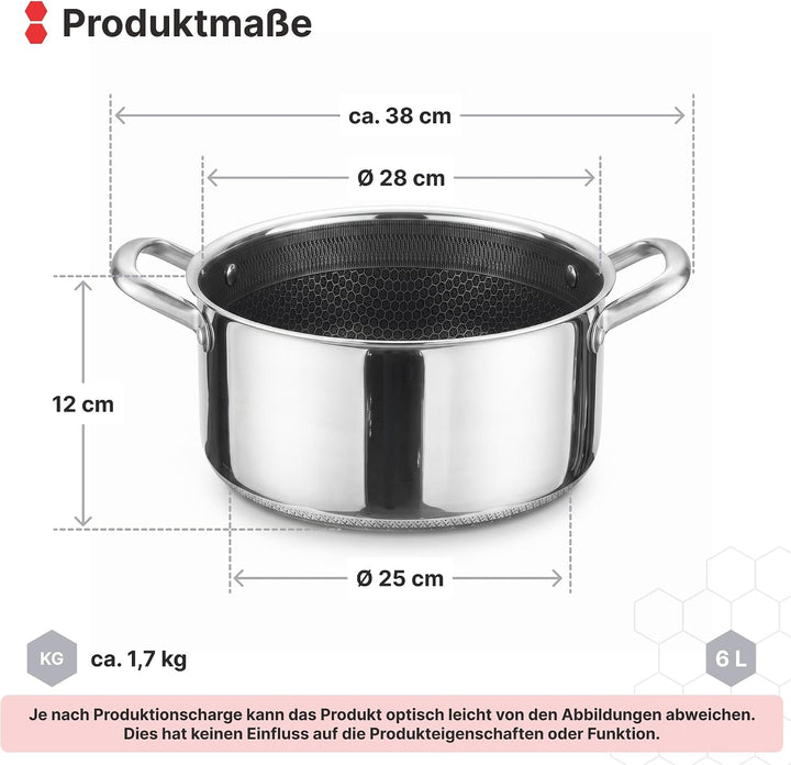 Kochtopf Ø28 cm aus Edelstahl mit Glasdeckel 6 L Induktion Topf Antihaft Wabenstruktur Fleischtopf S