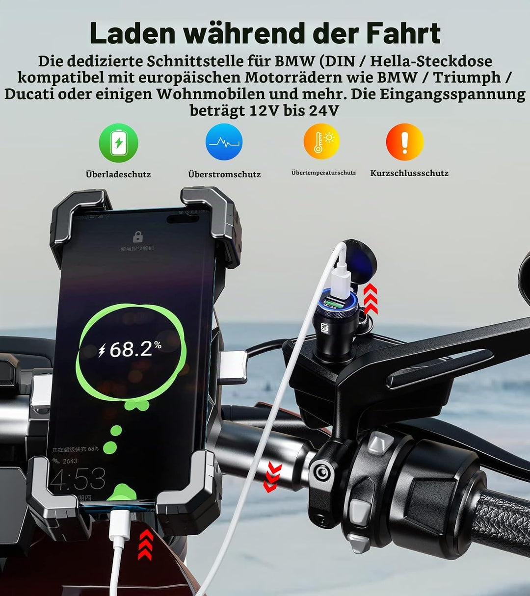 Kewig Aluminium DIN Hella Powerlet Stecker Ladegerät 30W Motorrad Dual Schnellladegerät 3.0 USB Lade