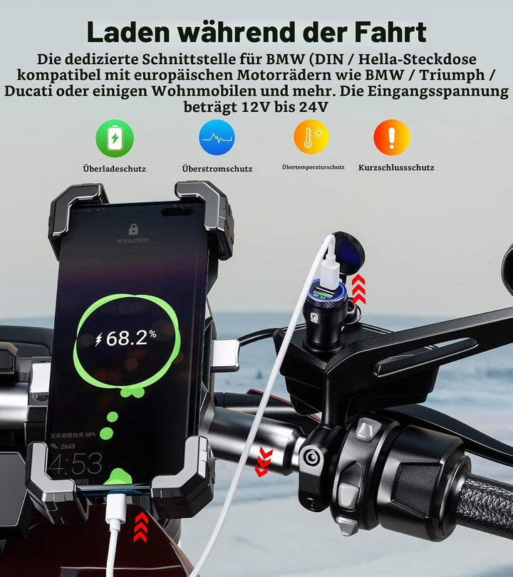 Kewig Aluminium DIN Hella Powerlet Stecker Ladegerät 30W Motorrad Dual Schnellladegerät 3.0 USB Lade