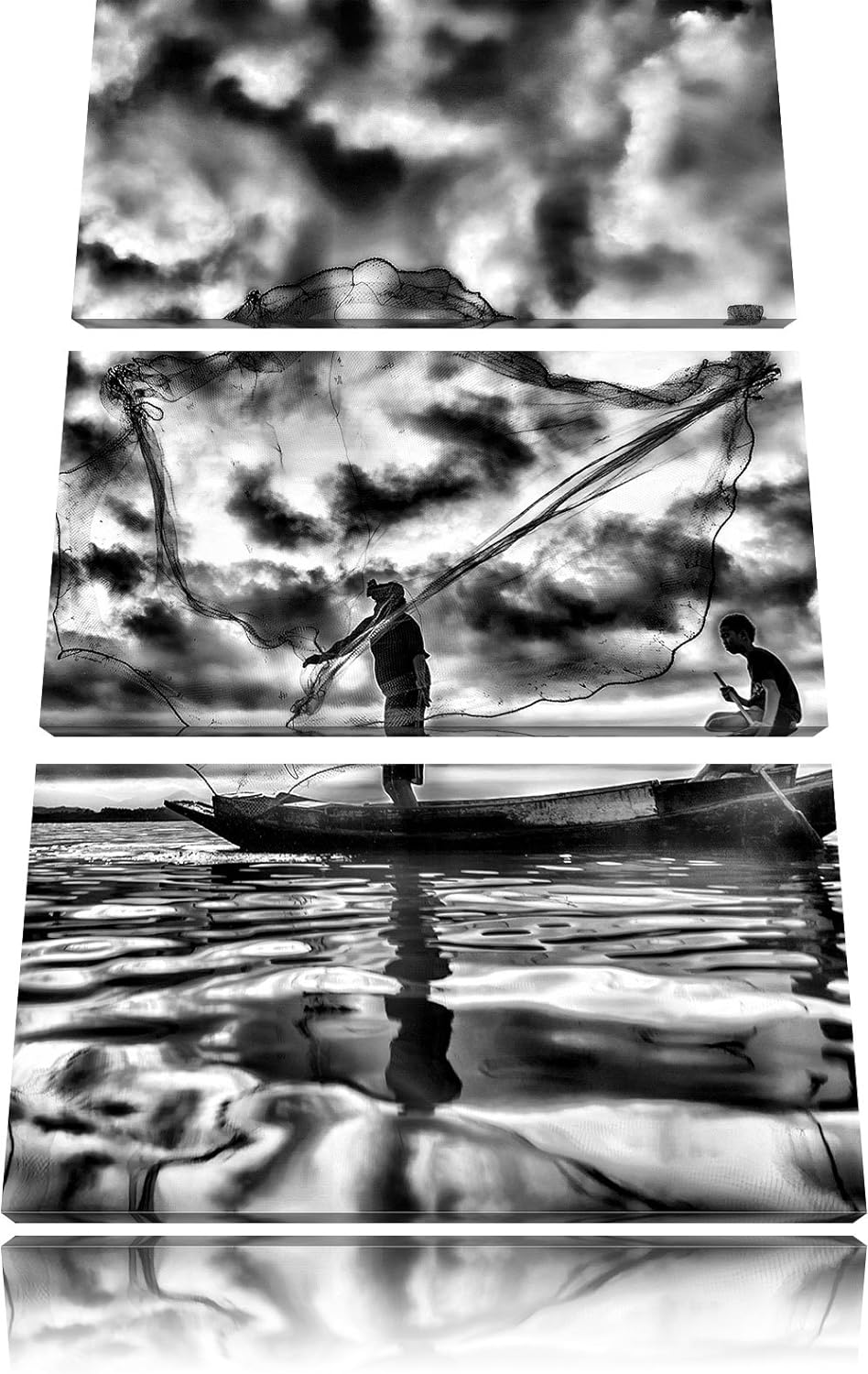 Pixxprint See mit Anglern als Leinwandbild | Grösse: 3 Teilig (120x80) | Wandbild| Kunstdruck | fert