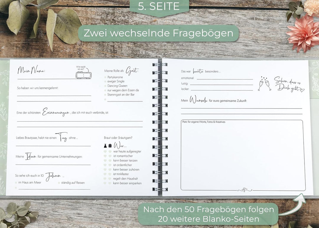 Love Notes Gästebuch Hochzeit mit Fragen zum Ausfüllen, Salbei | Hochwertiges Hochzeitsbuch für unve