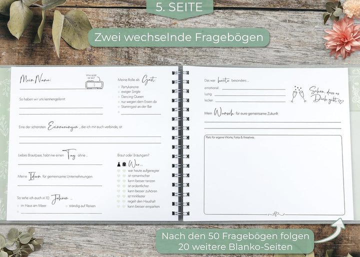Love Notes Gästebuch Hochzeit mit Fragen zum Ausfüllen, Salbei | Hochwertiges Hochzeitsbuch für unve