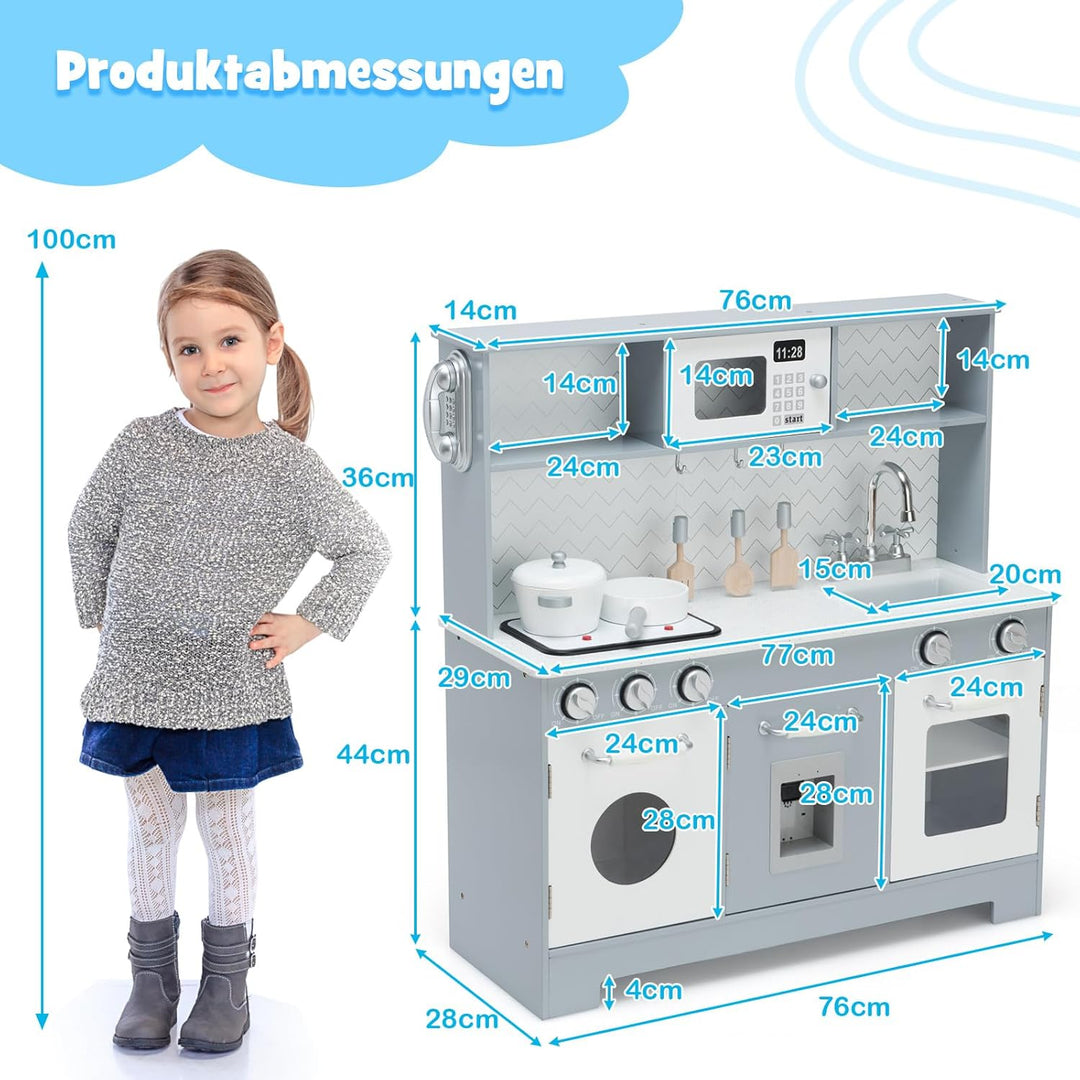 COSTWAY Kinderküche mit Spielzubehör, Licht und Sound, Kinder Spielküche Holz mit Mikrowelle & Wasse