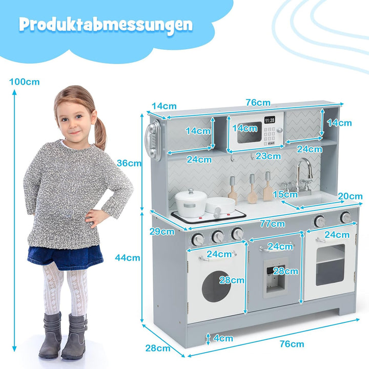 COSTWAY Kinderküche mit Spielzubehör, Licht und Sound, Kinder Spielküche Holz mit Mikrowelle & Wasse