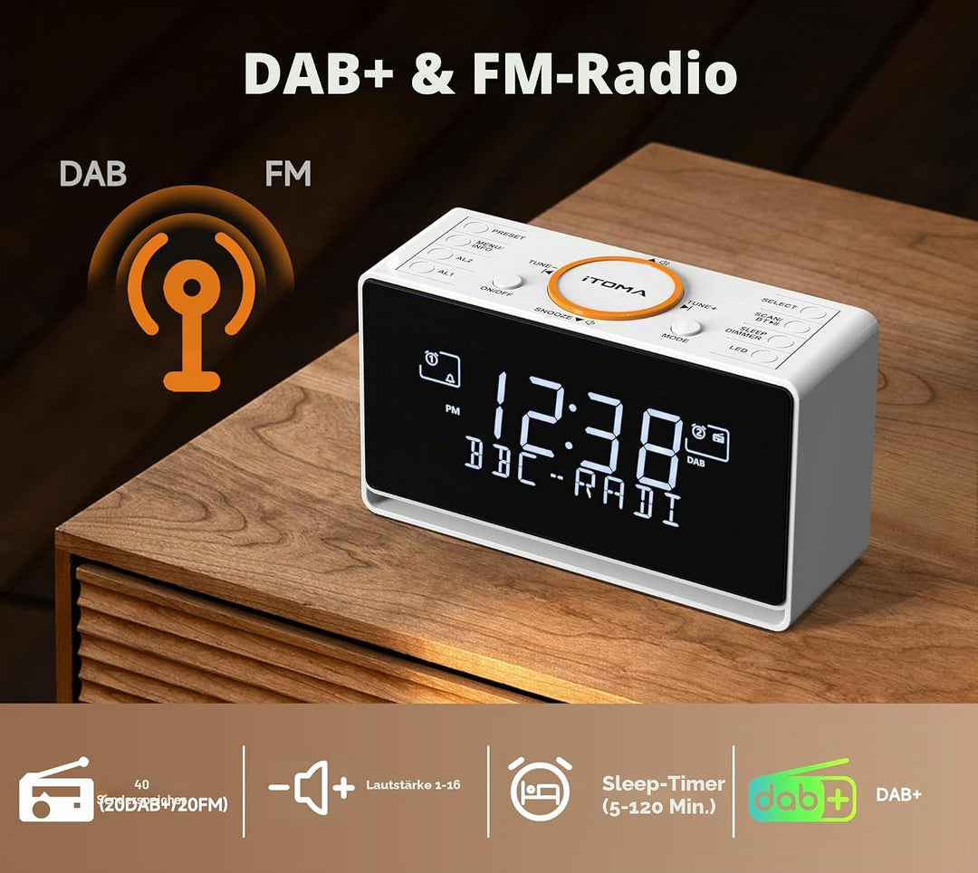 iTOMA DAB Radiowecker (DAB, UKW, Uhrenradio, Wecker mit Zwei einstellbaren Weckzeiten, Snooze-Funkti