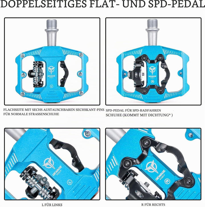 GEWAGE Fahrradpedale für SPD, 3 Abgedichtete Lager, Doppelfunktion, Flach und Klickpedal, leichte Al