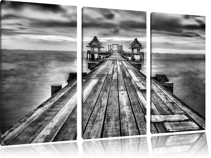 Pixxprint Monocrome, Bootssteg im Sonnenuntergang 3-Teiler Leinwandbild 120x80 Bild auf Leinwand