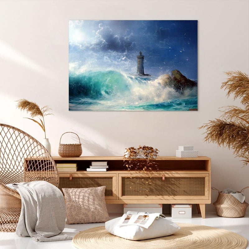 Bilder auf Leinwand 100x70cm Leinwandbild mit Rahmen Leuchtturm Meer Gross Wanddeko Bild Schlafzimme