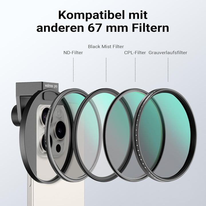 Walimex pro Filterhalter 67 mm für Handykamera, inkl. Diffusionsfilter 67 mm, Cold Shoe Mount für LE