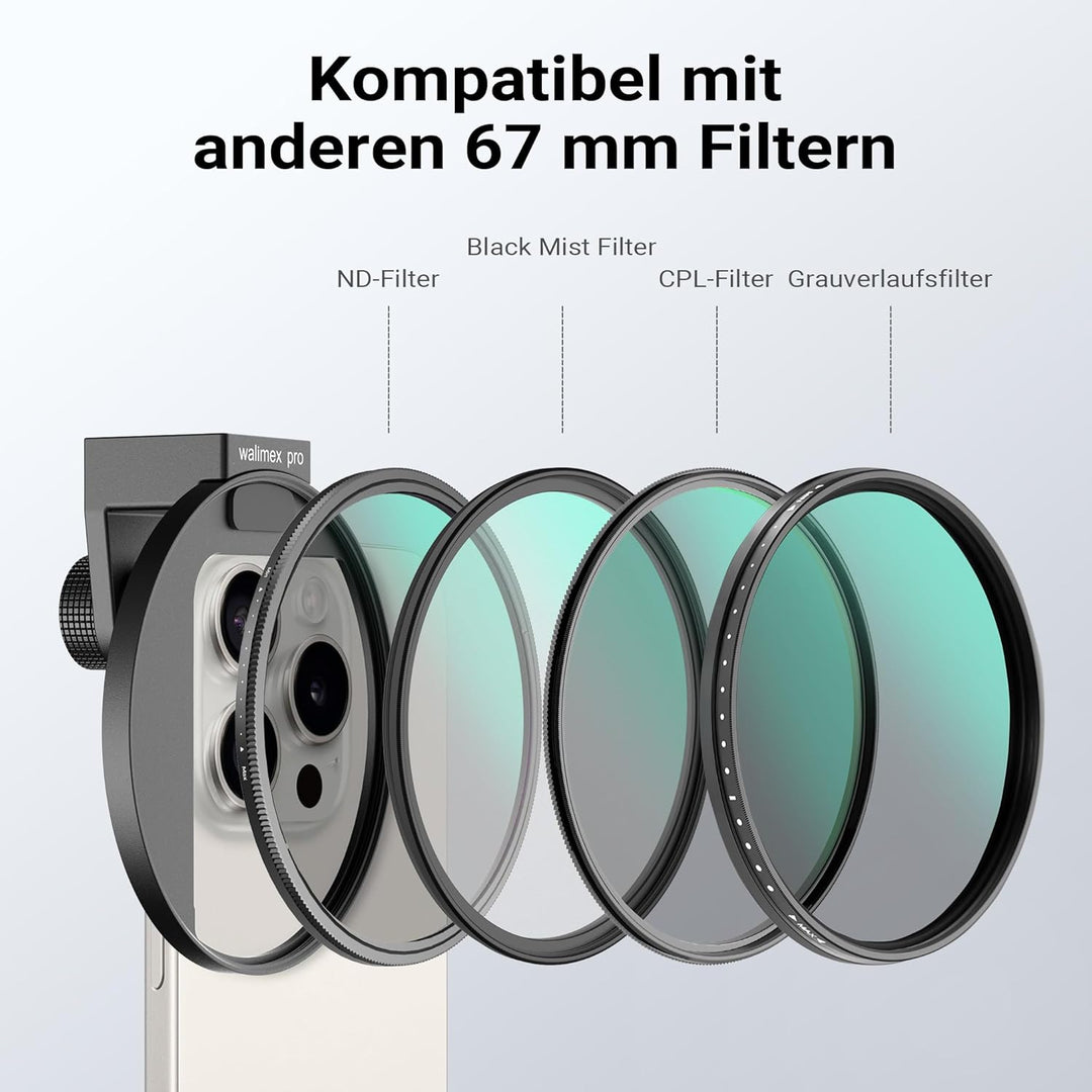 Walimex pro Filterhalter 67 mm für Handykamera, inkl. ND2-ND400 Filter 67 mm, Cold Shoe Mount für LE