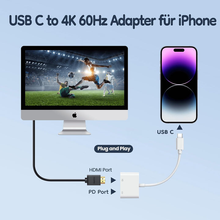 USB C to 4K 60Hz HD.MI Adapter für iPhone 15 zu HDTV, 2 in 1 Typ C Digital AV adapt Sync Bildschirm