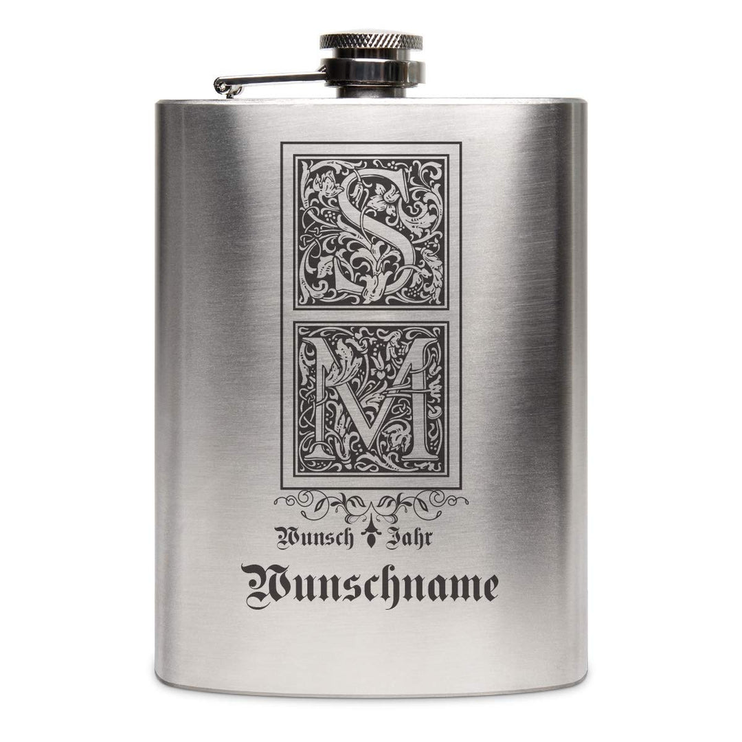 Edelstahl Flachmann 237 ml 8 oz Geschenk mit individueller Gravur - Verzierte Initialen, Verzierte I
