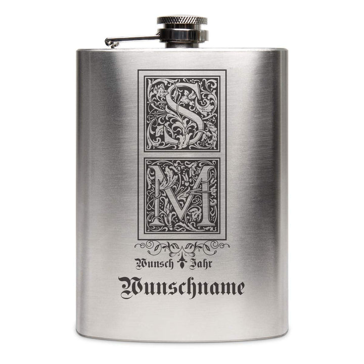 Edelstahl Flachmann 237 ml 8 oz Geschenk mit individueller Gravur - Verzierte Initialen, Verzierte I