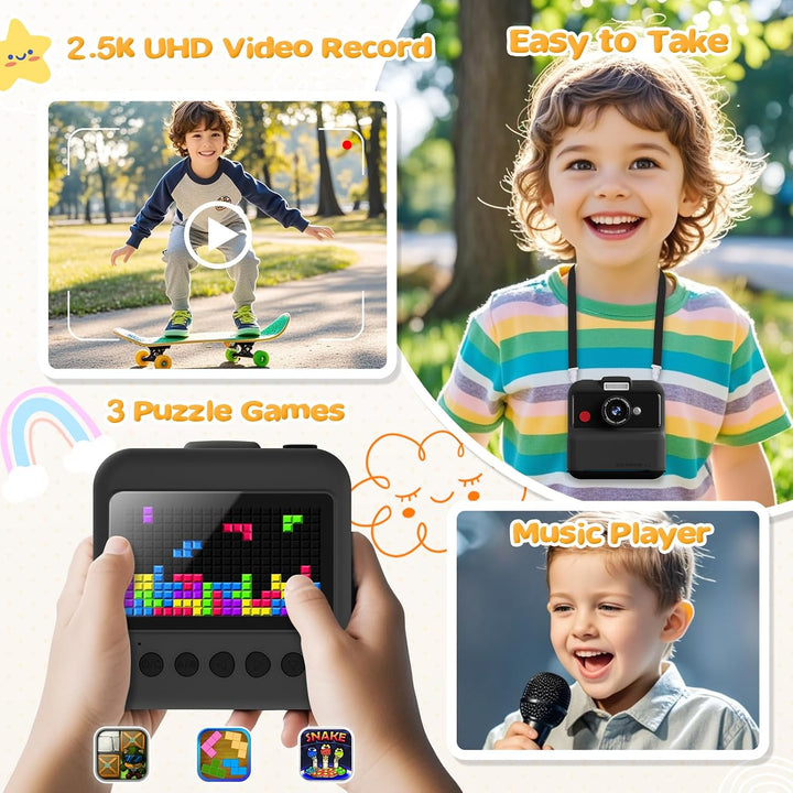 CAMCLID Sofortbildkamera Kinder, 3,0 Zoll Bildschirm, 48MP Kamera 2,5K Schwarz, 2,5K Schwarz