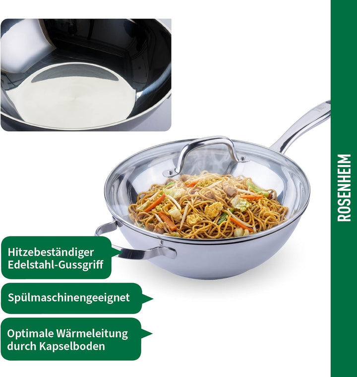 FACKELMANN Chefkoch trifft Wok Rosenheim – Ø28 cm, Glasdeckel inkl. Dampföffnung und Aluminiumkern,