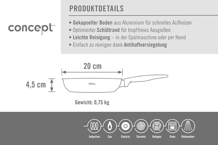 Woll Concept Bratpfanne - Induktiv -, Ø 20 cm, 4,5 cm hoch, Geeignet für alle Herdarten, Edelstahl,