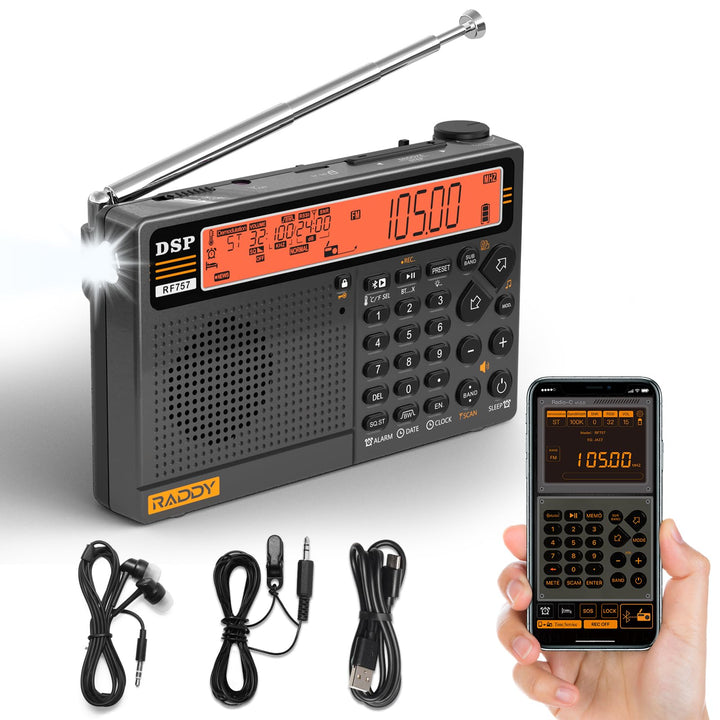 Raddy RF757 APP Control Kurzwellenradio, Tragbares Radio mit AM/FM/SW/VHF/UHF/CB/AIR Rezeption, 2500