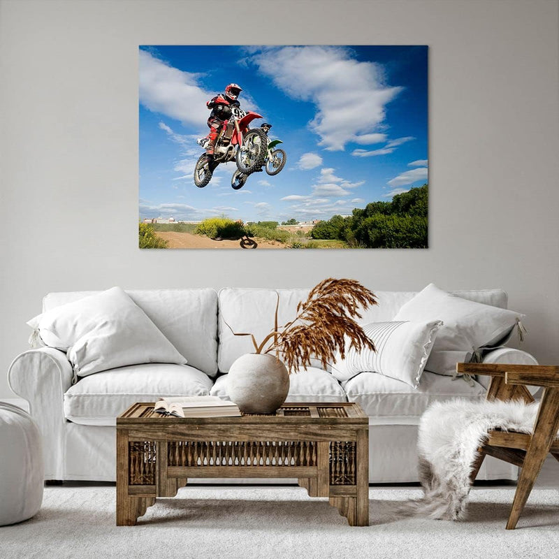 ARTTOR Bilder auf Leinwand 100x70cm Leinwandbild Motorrad Reiter Himmel Gross Wanddeko Bild Schlafzi