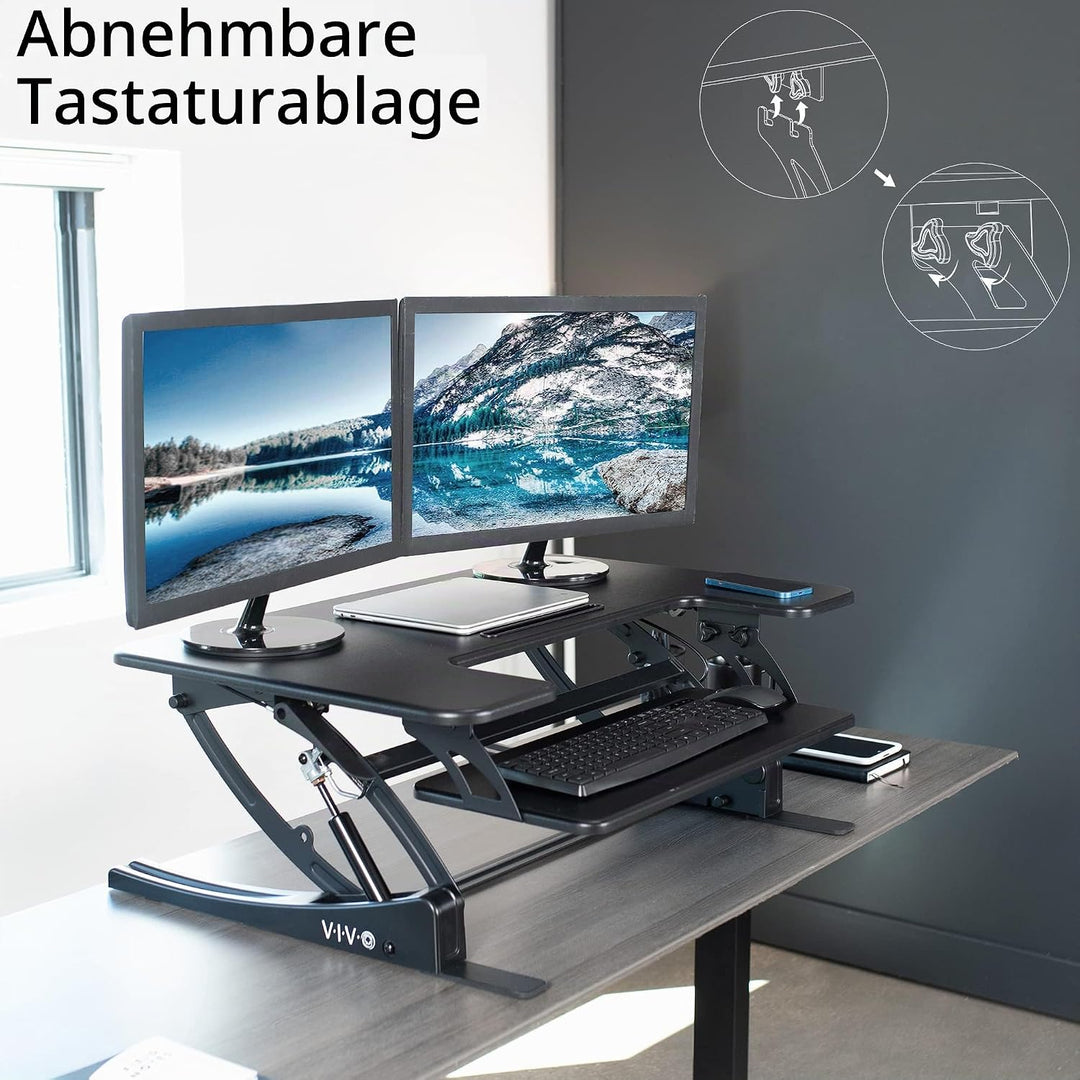 VIVO 91 cm höhenverstellbarer Steh-Sitz-Schreibtischaufsatz, V-Serie, Schnellwechsel-Tisch-Monitorst