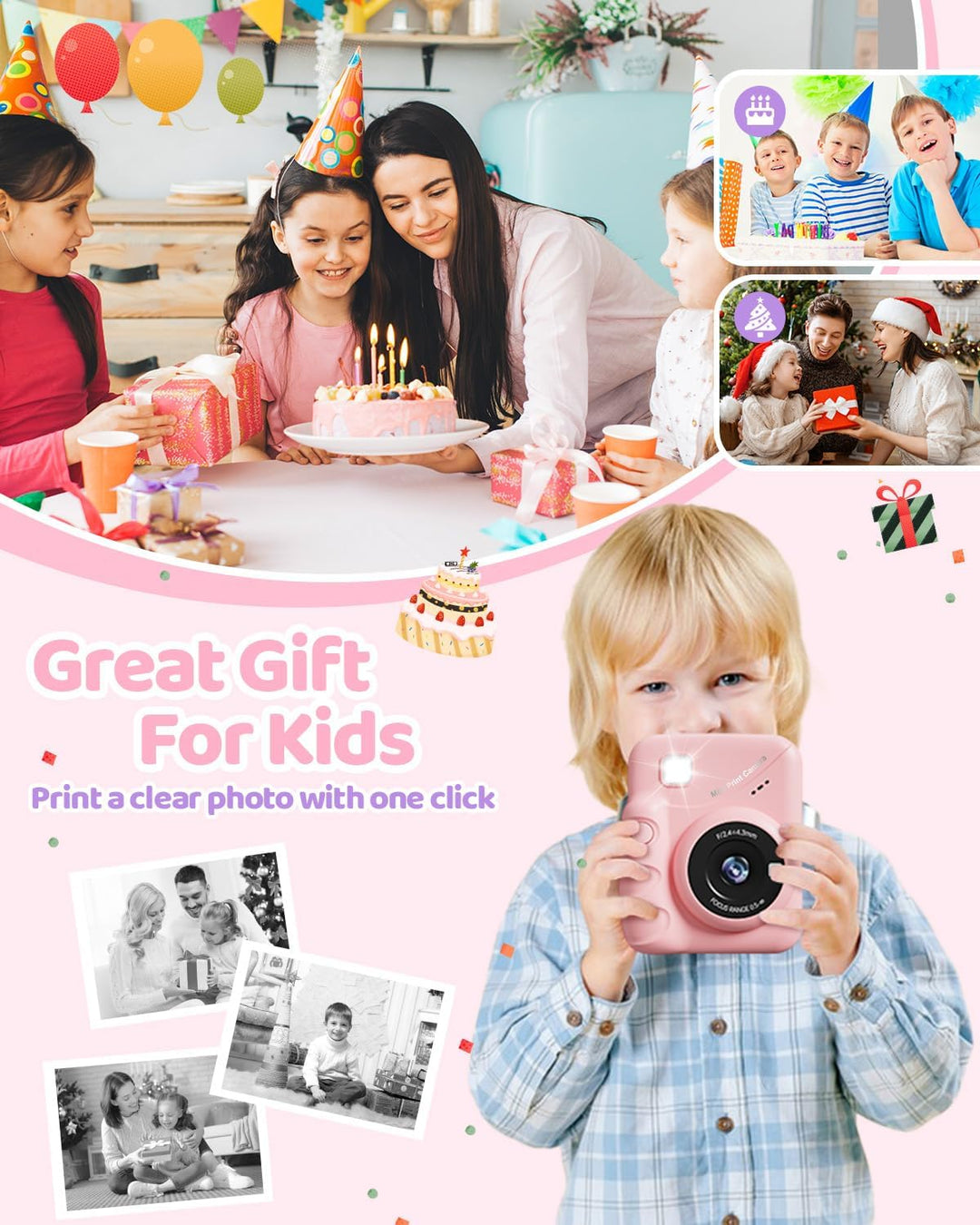 Kinderkamera Sofortbildkamera, 48MP 3.0 Zoll Sofortbildkamera Kinder mit 32G Karte & 3 Rollen Druckp