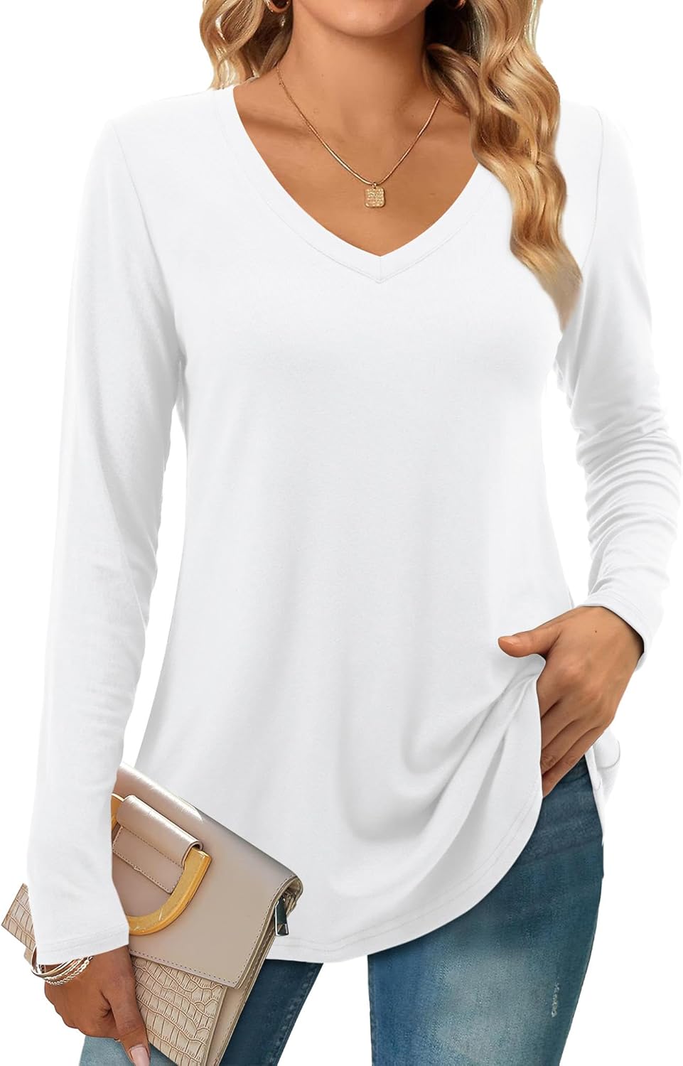 Beluring Langarmshirt Damen Elegant V-Ausschnitt Oberteile Herbst Winter Einfarbig Longshirt Basic T