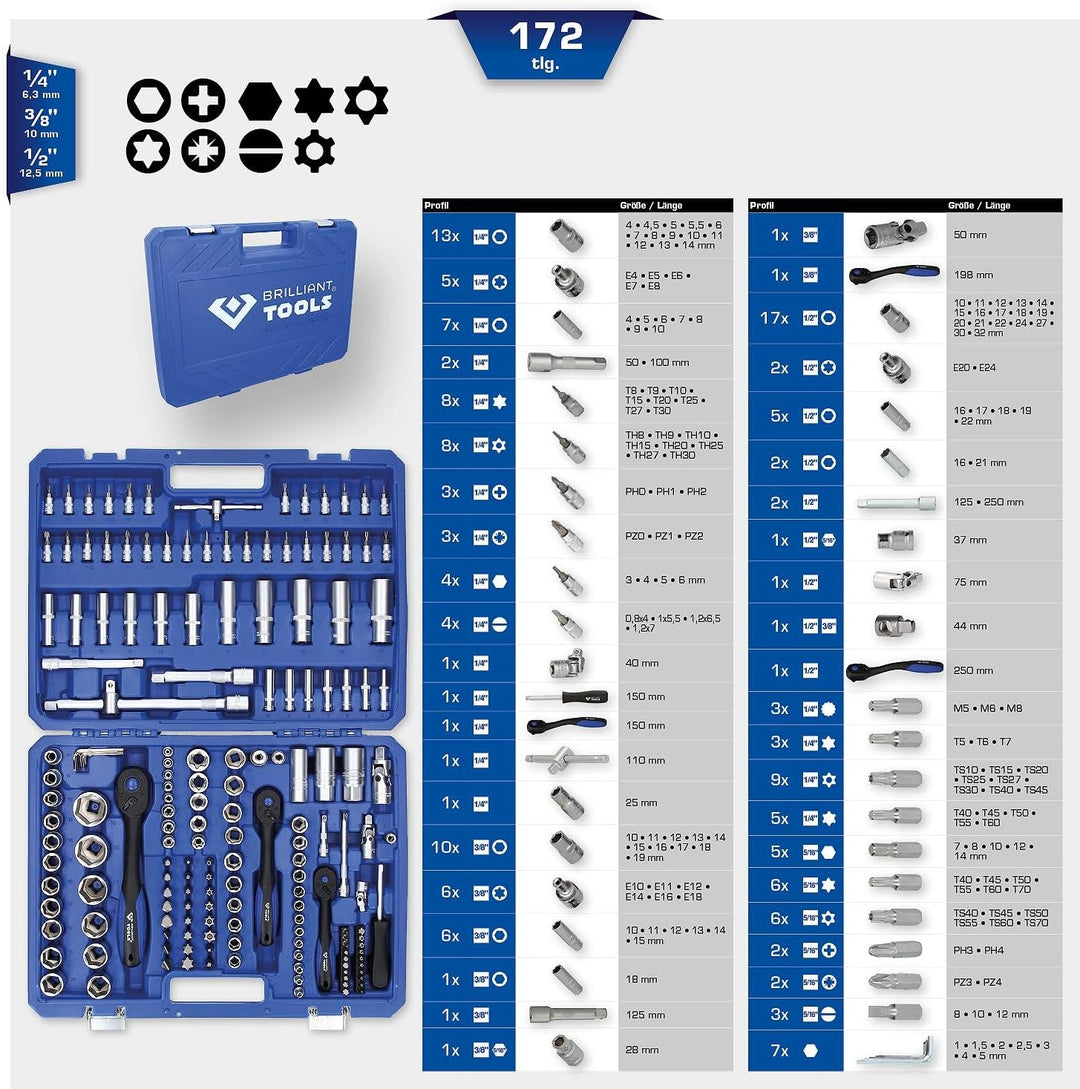 Brilliant Tools BT023172 Steckschlüssel-Satz, 172-tlg, 1/4", 3/8", 1/2" 172-tlg. 1/4"+ 3/8"+ 1/2", 1