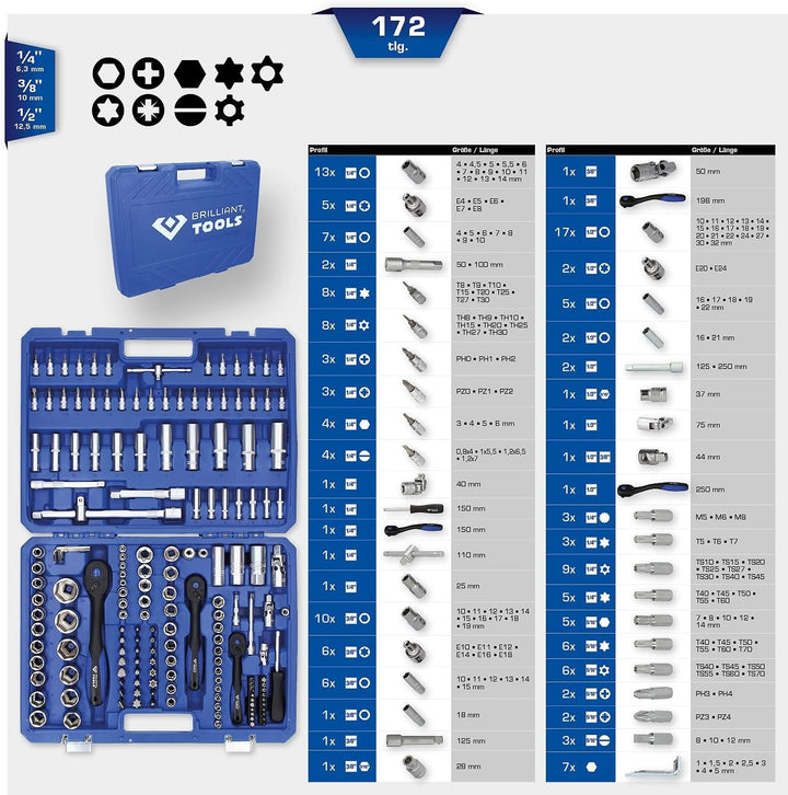 Brilliant Tools BT023172 Steckschlüssel-Satz, 172-tlg, 1/4", 3/8", 1/2" 172-tlg. 1/4"+ 3/8"+ 1/2", 1