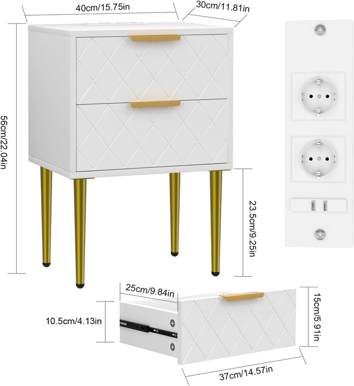 Nachttisch mit Ladestation, 2er Set, Nachtschrank mit 2 Schublade, 2 AC-Steckdosen, 2 USB-Anschlüsse