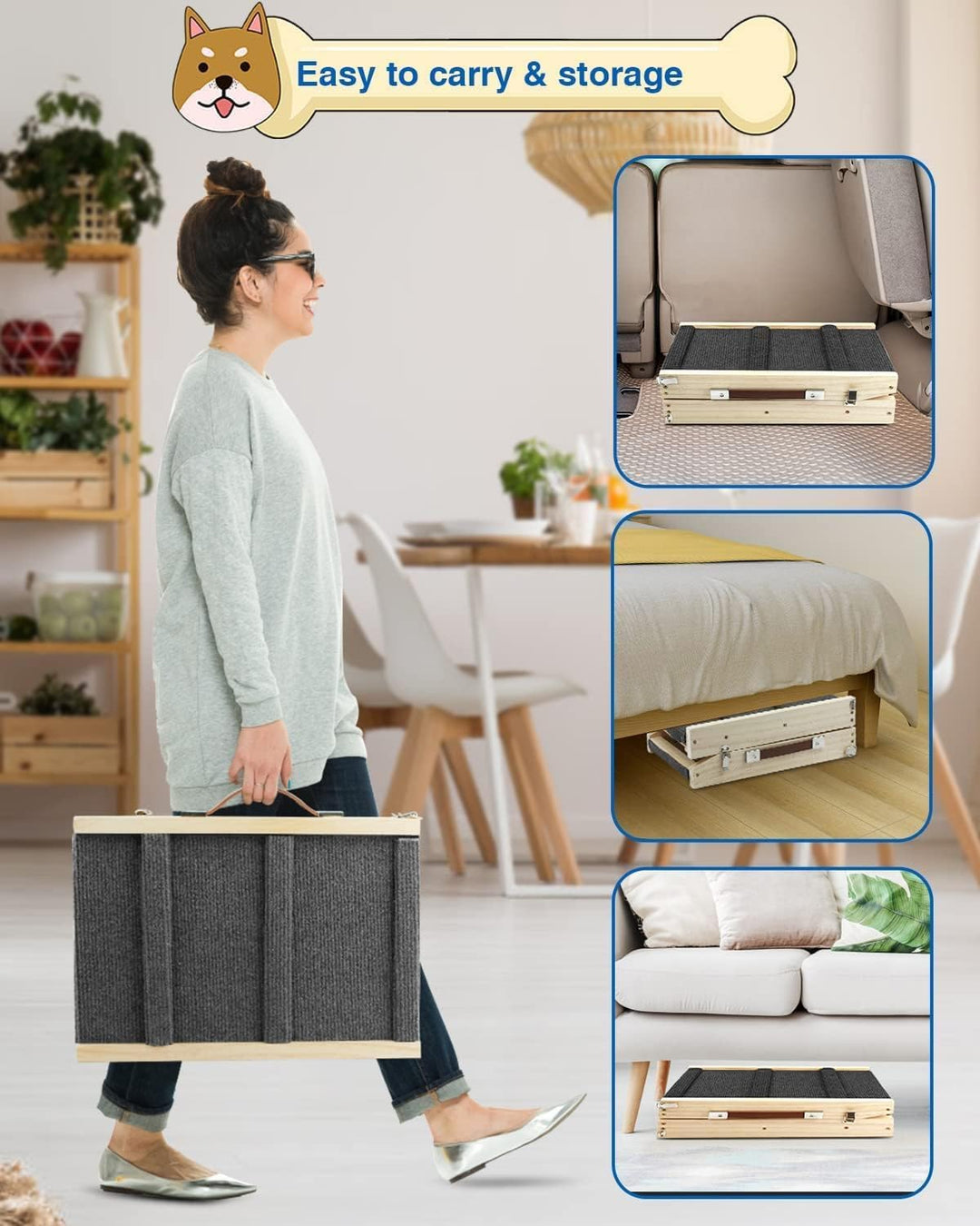 Klappbare Hunderampe aus Holz -Hundetreppe Höhenverstellbar 25-48cm mit Rutschfester Matte für Bett