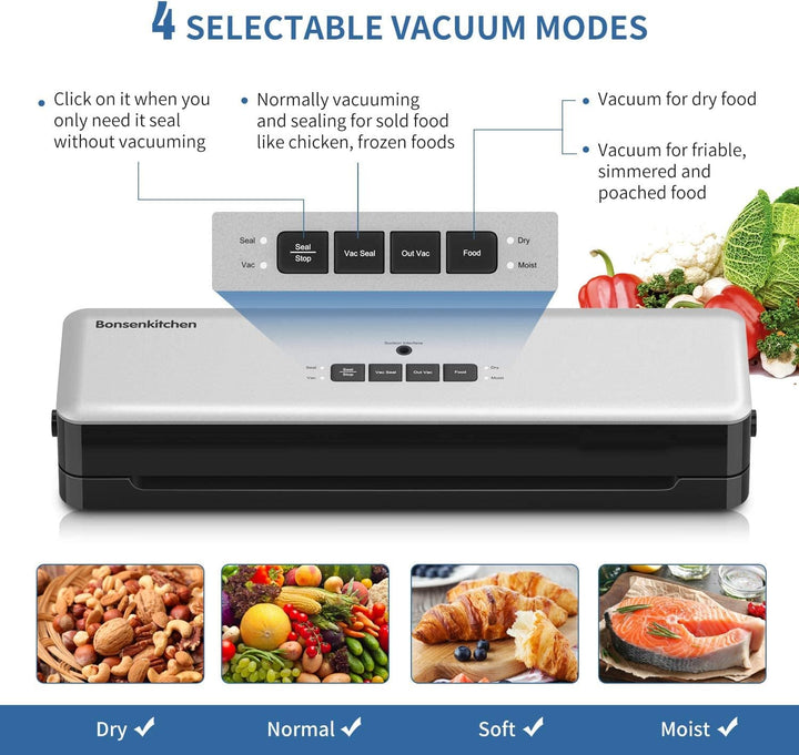 Bonsenkitchen Vakuumierer, Vakuumiergerät automatische Lebensmittel Versiegelung für Trockene und Fe