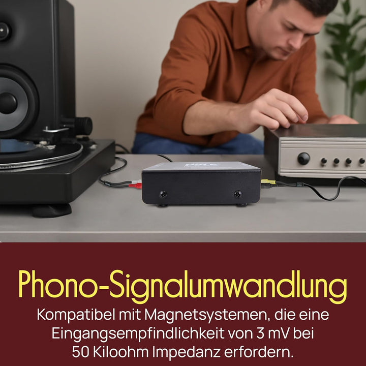 Pyle Phono Vorverstärker für MM Plattenspieler, RCA-Ausgang & 3,5-mm-Kopfhöreranschluss, Rauschfreie