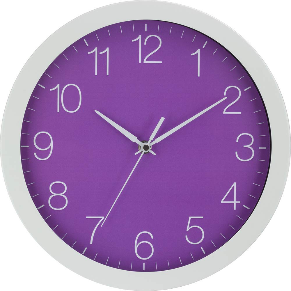 Eurotime Wanduhr Quarz, Lila, 30 cm, Aluminiumgehäuse Weiss, Echtglas, 12-Zahlen Zifferblatt, schlei
