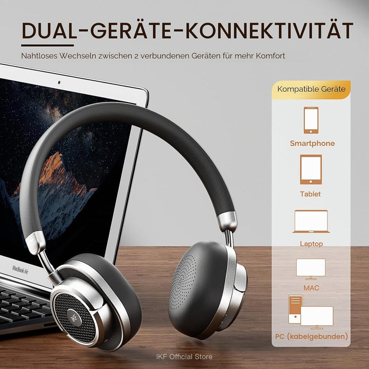 iKF Rona Retro Kopfhörer Bluetooth Mit Adaptive Noise Cancelling, Vintage Kopfhörer Kabellos, Hi-Res