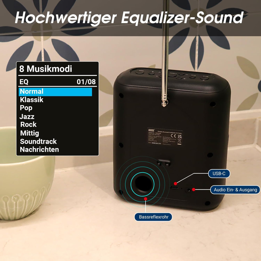 Wiederaufladbares DAB+/FM Radio mit Bluetooth Lautsprecher -August MB330- tragbarer Radiowecker mit