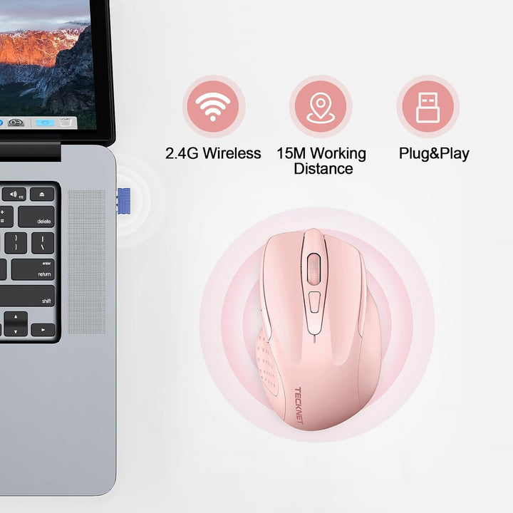 TECKNET Wiederaufladbare, 2.4G Kabellose Maus mit leisem Klick, 4800 DPI, 6 Einstellbar, Ergonomisch