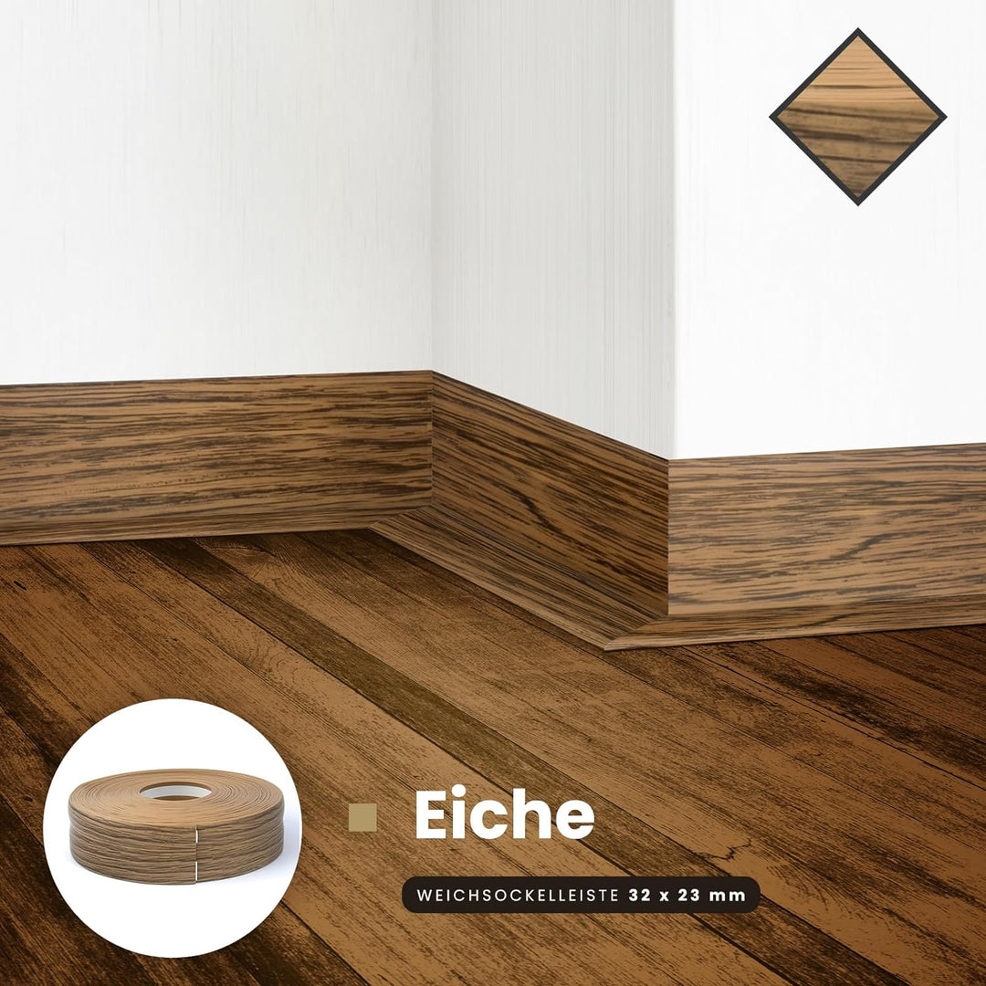 DQ-PP WEICHSOCKELLEISTE | 20m | eiche | 32x23mm | PVC | selbstklebend | Knickwinkel Fussleisten Gumm