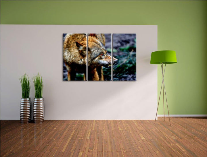 knurrender Wolf Spezial 3-Teiler Leinwandbild 120x80 Bild auf Leinwand, XXL riesige Bilder fertig ge