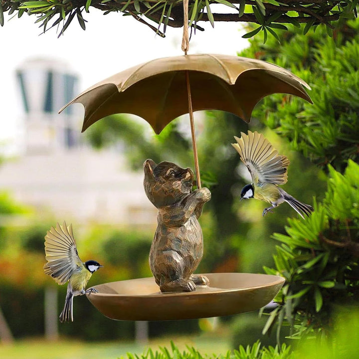 Animal Bird Feeder with Umbrella - Cute Squirrel/Cat/Dog Holding Umbrella Design Bird Feeder - Metal