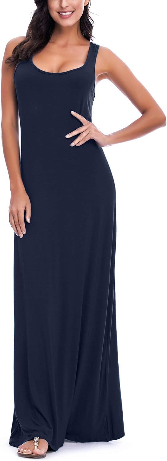 EXCHIC Damen Casual Solide Ärmellos Maxi Kleid Sommer Sexy Strand Tank Top Kleider L Marine Blau, L