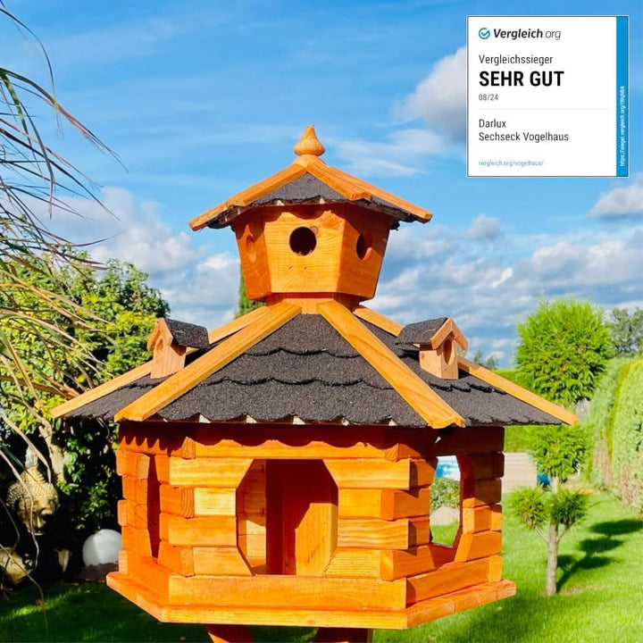 handgefertigtes Sechseck Vogelhaus aus Holz wetterfest M - XXL mit und ohne Ständer, Futterhaus, Fut