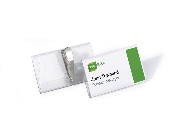 Durable Namensschild (mit Krokoklemme, 40 x 75 mm) Packung à 25 Stück, transparent, 811019 40 x 75 m