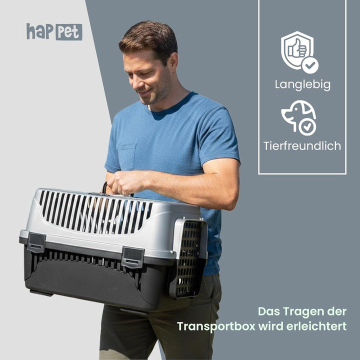 HAPPET Tiertransportbox Polly M Grau & Schwarz 55x36,5x33 cm – Robuste, gut belüftete Transportbox a