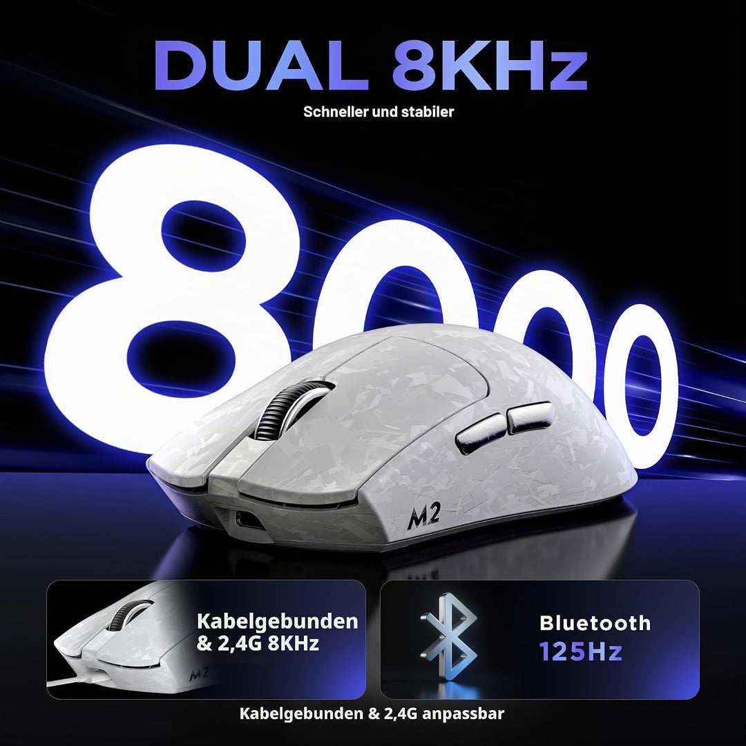 YUNZII M2 Kabellose Dual 8K Gaming Maus, PAW3395, 6-Stufen-DPI (Weiss), Weiss