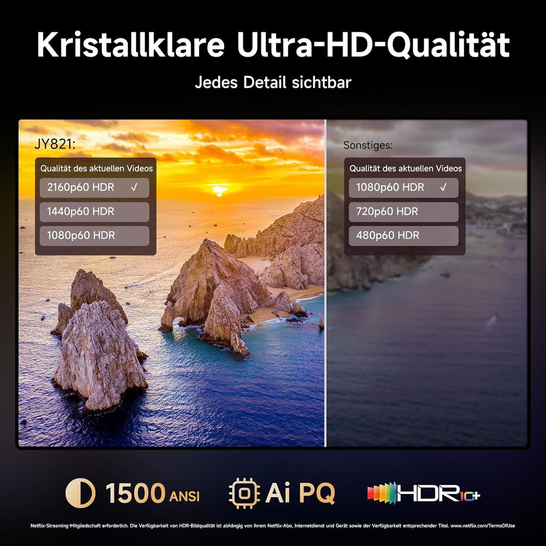 4K Beamer kompatibel mit Netflix & Dolby Audio | iSinbox Smart Beamer 1500 ANSI, HDR10+, Autofokus,